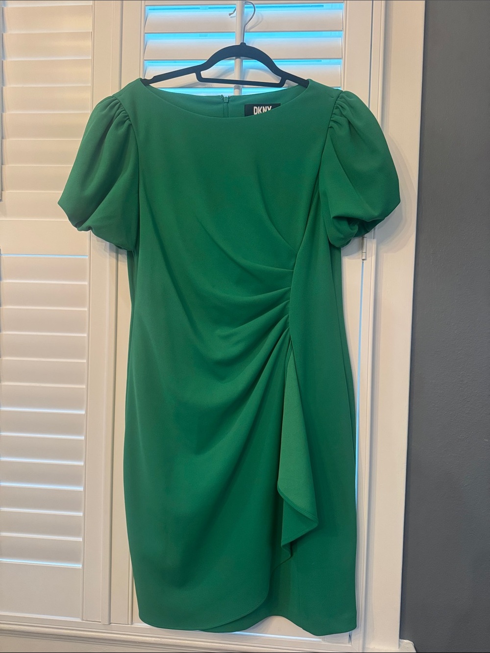 DKNY Emerald Green Puff-Sleeve Draped Sheath Dress